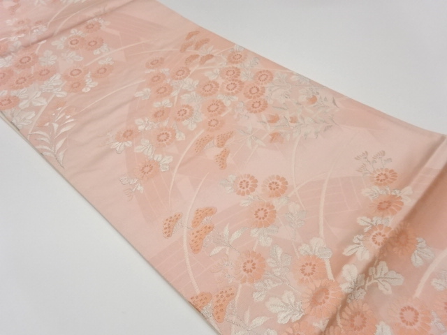 JAPANESE KIMONO / VINTAGE FUKURO OBI / WOVEN AUTUMN FLOWER & FENCE PATTERN